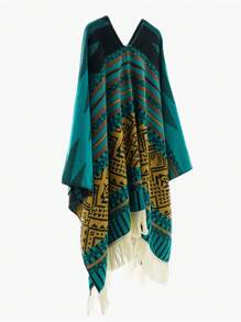 1pc Men's Striped Totem Travel Wrap Shawl With Tassels, Warm Patterned Poncho For Photography & Casual Wear