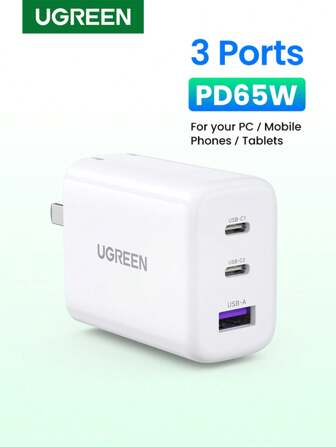  UGREEN 65W 快速充电器 3 端口 C 型 PD 兼容 S24 Ultra 平板电脑兼容 16/15/14 Pro Max 充电器支持 SFC 2.0 超级快速充电高输出功率