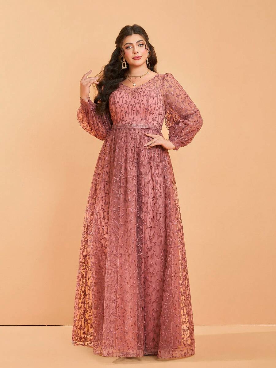 (无特定花型) V领透视长款灯笼袖喇叭下摆高端晚礼服 - 紅木色 - 查看 1