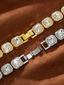 2pcs Fashionable Gold & Silver Necklace And Bracelet Set - Square Rhinestones With Round Rhinestones - View 5