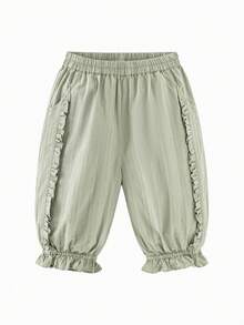 mini bala Girls' Long Pants Baby Girl Soft Breathable Sweet Ruffled Flower Pants - Bean Paste Green - View 4