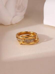 1 Pc Fashion Criss-Cross Ring With Tiny Cubic Zirconia, 18k Gold Plating Stainless Steel, Suitable For Daily Wear For Women - Multicolor - View 16