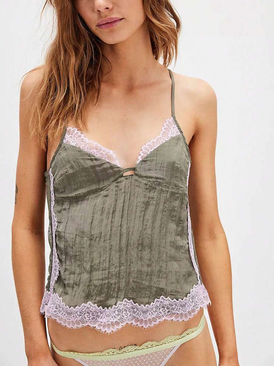 Women Sexy Silk Cami Crop Tops Lace Patchwork Camisole Tops Spaghetti Strap Sleeveless Backless Tank Tops Summer Teen Girls Going Out Tops Aesthetic Clothes Club Streetwear - Green - View 1