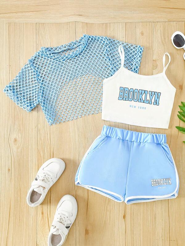 3 pièces Ensemble de vêtements pour enfants pour filles : débardeur imprimé lettres + cache-maillot en mousseline de menthe verte + shorts, tenue d'été pour l'extérieur. 3 pièces Ensemble débardeur imprimé lettres Brooklyn + cache-maillot en mousseline + shorts, tenue d'été mode pour filles, tissu en maille, élastique, graphiques de lettres, coupe régulière, mélange de polyester, pour les activités extérieures, convient comme cadeau d'été.