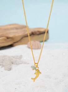 1 Piece Popular Women's Fashion Beach And Ocean Theme Personalized Shark Natural Stone Pendant Necklace, Ideal Gift For Wedding, Engagement Party, Beach Vacation