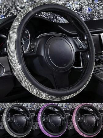 1pc Bling Rhinestone Leather Steering Wheel Cover, With Bling Sparkly Crystal Glitter Rhinestones Universal Fit 14.5in-15in Car Wheel Protector For Women Girl, Fit Suvs, Sedans,Car,Trucks.Bling Car Steering Wheel Cover,Anti Slip Car Steering Wheel Cover(Without Inner Ring/With Inner Ring)