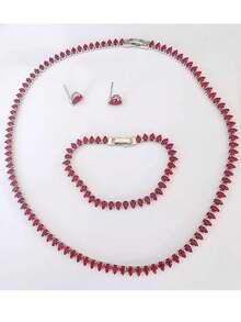 4pcs Set, Fashionable & Luxury Necklace Suit, Cubic Zirconia Banquet Elegant Necklace, Bracelet, Earrings Set For Women, Summer Accessory, Holiday Gift, Mother's Day Present - Hot Pink - View 6