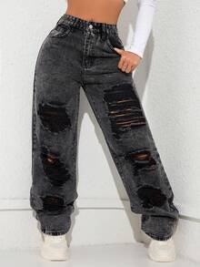 Spring And Summer Casual Distressed Straight Leg Cowgirl Jeans - Black - View 7