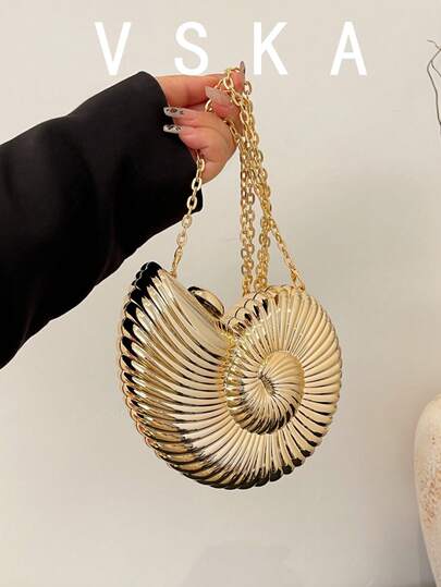 优雅贝壳造型派对手拿包，独特贝壳设计，闪亮女士晚宴手提包，配有链条肩带/斜挎带，可收纳耳机和零钱，适合派对、婚礼、正式场合，可搭配婚纱、礼服、晚礼服、生日礼服和女士派对服装。