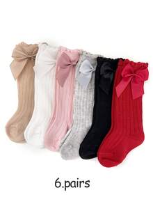 6 Pairs Girls Solid Color & Striped Knee-High Socks With Bow Accessory - Multicolor - View 3