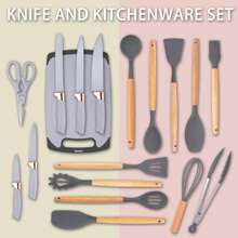 19pcs Premium Silicone Kitchen Utensil & Knife Set - Heat-Resistant, Non-Stick Safe Cooking Tools With Wooden Handles & Chef Knives - Includes Storage Stand - Perfect Gift For Juneteenth