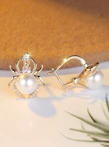 1 par de exquisitos pendientes dorados de araña con circonita cúbica blanca y perla falsa, un regalo de joyería para mujeres y niñas, regalo de cumpleaños