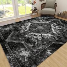 1pc Luxury Black & Gray Vintage Boho Area Rug With American Creative Elements, Rectangular Soft & Anti-Slip Carpet For Outdoor, Entryway, Living Room, Bedroom, Laundry Room, Bathroom, Game Room, Machine Washable, Home Decor