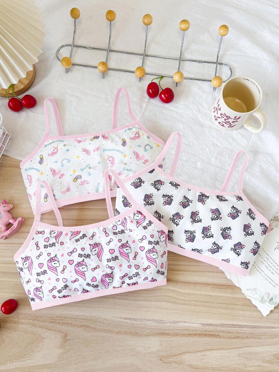 Chatreadl 3 Pieces Set Cute Casual Tween Girl Bra Suspenders Printed Pattern Fresh And Simple Suitable For All Seasons - Multicolor - View 1