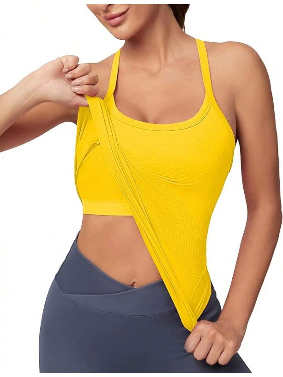 Workout Tops Women With Built In Bra, Sleeveless Gym Tops Seamless Racerback Athletic Yoga Shirts, Activewear - 黃色 - 查看 1