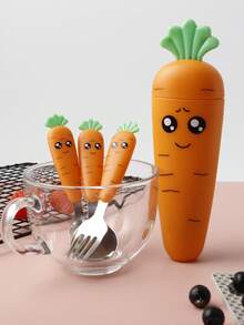 1pc Spoon/1SET Carrot-Shaped Plastic Handle Stainless Steel Cutlery Set With Three Pieces, Boxed, Kitchen, Christmas Gift,School Supplies - Multicolor - View 5