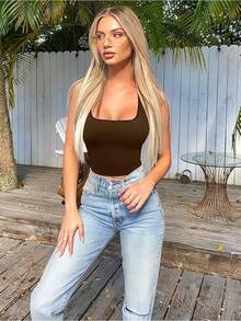 OQQ Women's 3 Piece Tank Tops Ribbed Seamless Workout Exercise Shirts 2025 Summer Basic Camis - Black Coffee White - View 5