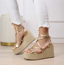 angelica Platform Sandals With Yute Wedge And Cross Straps, Estimated Delivery 1-3 Working Days (Peninsula) - Vàng - Xem 2