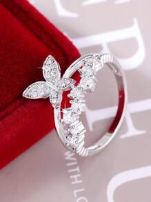 1 pieza Elegante y glamoroso anillo de mujer con diseño de mariposa de doble capa en circonita cúbica, regalo para el Día de la Madre