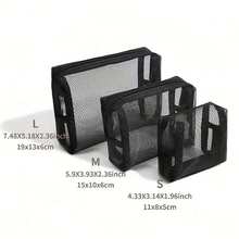 3Pcs Black Simple Style Nylon Mesh Cosmetic Bag Large Capacity Waterproof Travel Pouch Convenient Storage Bag Packing Bag For Travel Graduation Make Up Bag - Black - View 5