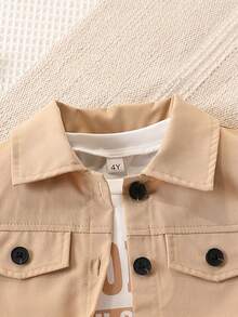 3pcs Boys' Summer Set: Vest, Letter Print T-Shirt, And Cargo Pants - Khaki - View 3