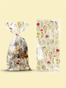 50pcs Floral Cellophane Treat Bags - Clear Plastic Goody Bags With Twist Ties, Assorted Wildflower & Teddy Bear Designs For Bridal Showers, Birthdays, Weddings, And Party Favors, Biscuit Self-Sealing Bag, Food Packaging Bag, Packaging Bag (4 Styles Mixed)