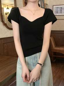 女士性感低胸修身短袖针织上衣，露出锁骨，适合返校季，夏季 - 黑色 - 查看 4