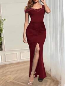 Glamorous Long Knitted Fabric Prom Dress For Women, Featuring Sleeveless Straps,Ruched Details, And A Stylish Split Thigh DesignWine Red Rhinestone Off-Shouldelhigh-Slit Bodycon, Autumn &Winter Christmas Party Dressmatric Dance Wine ReddresseS - Burgundy - View 5