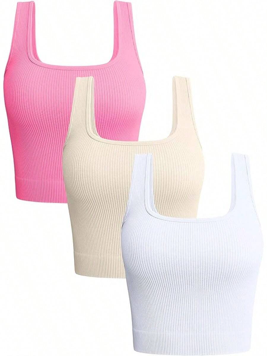 OQQ Women's 3 Piece Tank Tops Ribbed Seamless Workout Exercise Shirts 2025 Summer Basic Camis - Fluorescent-pink Beige White - View 1