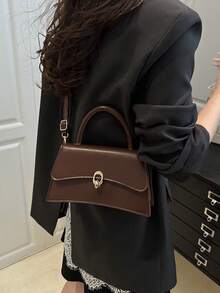 优雅纯色时尚手提包，复古翻盖女士钱包，PU 斜挎包，顶部提手