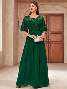 MIUSOL Elegant Sequin Floral Lace Ruffle Sleeve Ruched Chiffon Formal Party Maxi Dress - 墨綠色 - 查看 5
