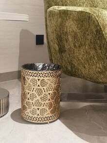 Luxury European Style Golden Color Waste Bin, Metal Gold Electroplated Exterior + PVC Liner, Kitchen, Dining Room, Living Room Trash Can, Small Desktop Garbage Can, Delicate Pattern - Multicolor - View 3