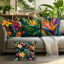 4 pièces Ensemble de housses de coussin imprimées de plantes tropicales et de fleurs, 45 cm x 45 cm, imprimé sur un seul côté