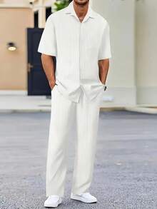 Men's Casual Striped Short Sleeved Sports Suit With Button Down Shirt Collar And Elastic Waistband Pants, Made Of Polyester Textile Elastic Fiber Blend, Summer Two-Piece Set With Belt Details - trắng - Xem 1