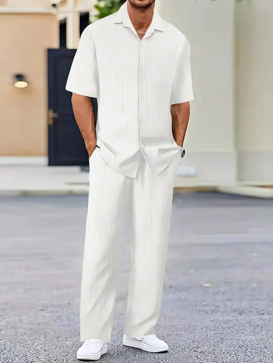 Men's Casual Striped Short Sleeved Sports Suit With Button Down Shirt Collar And Elastic Waistband Pants, Made Of Polyester Textile Elastic Fiber Blend, Summer Two-Piece Set With Belt Details - trắng - Xem 1