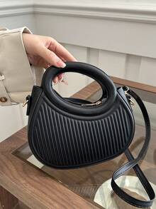 时尚经典小众设计温柔女士通勤约会单肩斜挎包条纹压花手提包时尚圆形斜挎包女士双手柄新颖钱包 - 黑色 - 查看 1