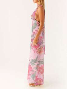 Women Sexy Halter Long Dress With Scarf Y2k Floral Deep V Neck Open Back Formal Cocktail Maxi Dresses - Màu tím hoa cà - Xem 4