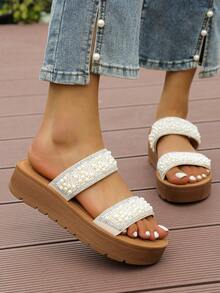 Women Bohemian Rhinestone Glittery Platform Slides - Beige - View 2