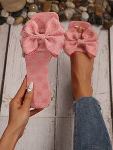 Square Toe Vintage Rose Print Elegant Casual Beach Resort Fashion Square Toe Bowknot Polyester Soft Ballet Flat Slide Sandals For Women, Suitable For Wedding, Party, Office, Home, Outdoor, Summer