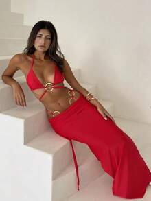 Bộ bikini 3 mảnh màu đỏ quyến rũ, sang trọng, mới về mùa Xuân/Hè, thích hợp cho bãi biển, kỳ nghỉ, tiệc tùng. - Đỏ - Xem 2