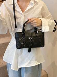 Niche Design 2025 新款蛇紋 PU 拼接復古百搭手提小包 多功能時尚斜挎包 適合女性日常使用、約會、送禮 - 黑色 - 查看 4