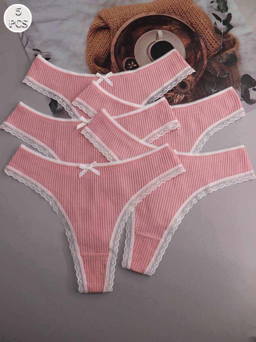 5件套女士卡其色罗纹可爱蝴蝶结蕾丝边性感T型背心内裤 - 卡其色 - 查看 1
