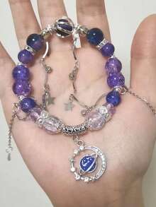 1 件简约灰色月光石水晶手链，百搭优雅配饰，适合女孩 - 紫色 - 查看 2