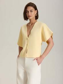 女式简约纯色前扣开衫，夏秋季休闲款，奶油黄 - 黃色 - 查看 4