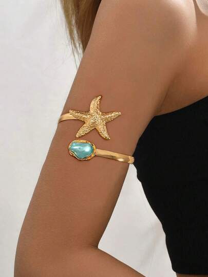 1 pieza Brazalete de mujer con estilo de perla barroca y forma de estrella de mar, ideal para playa, fiesta, boda, vacaciones, festival de música, como regalo
