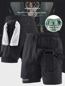 1 件男士休闲运动短裤带衬里，两件套，跑步、训练、健身、球类运动，透气短裤，内有隐形短裤，防擦伤