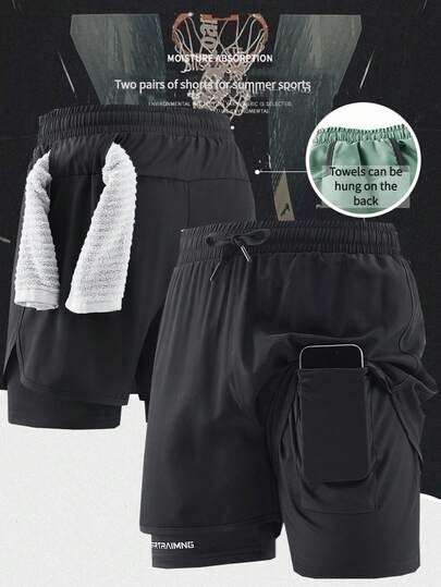 1pc Men's Casual Sports Shorts With Lining, Set Of Two Pieces, Running, Training, Gym, Ball Sports, Breathable Shorts With Hidden Shorts Underneath, Anti-Chafing