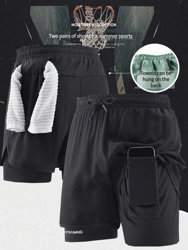 1pc Men's Casual Sports Shorts With Lining, Set Of Two Pieces, Running, Training, Gym, Ball Sports, Breathable Shorts With Hidden Shorts Underneath, Anti-Chafing