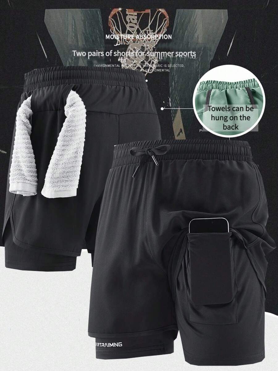 1 件男士休闲运动短裤带衬里，两件套，跑步、训练、健身、球类运动，透气短裤，内有隐形短裤，防擦伤