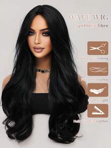 日常黑色长卷发假发 26 英寸蓬松外观透气轻盈中分刘海合成纤维假发女士日常佩戴派对优雅假发音乐节时尚浪漫情人节假发都市时尚假发 - 黑色 - 查看 4